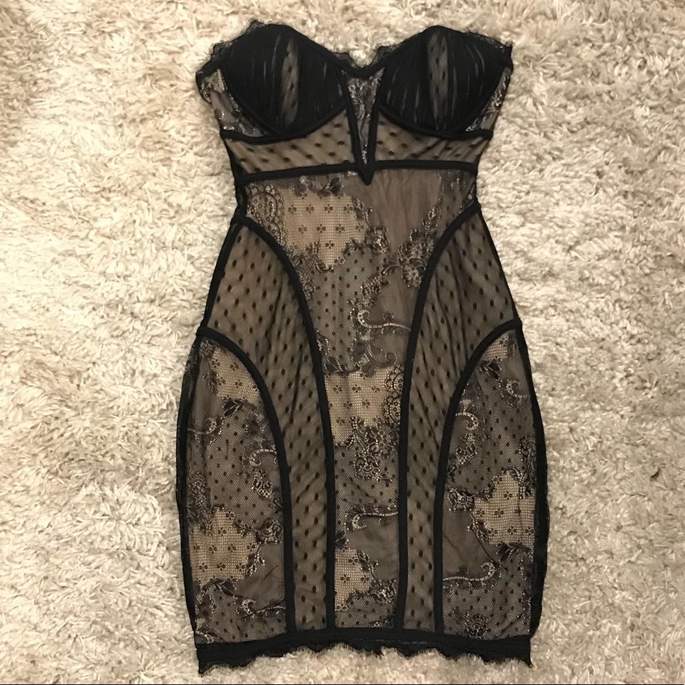 Bebe black and nude fitted lace detail mini dress